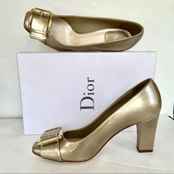 Christian Dior metallic beige buckle heels 37.5 - Picture 2 of 16